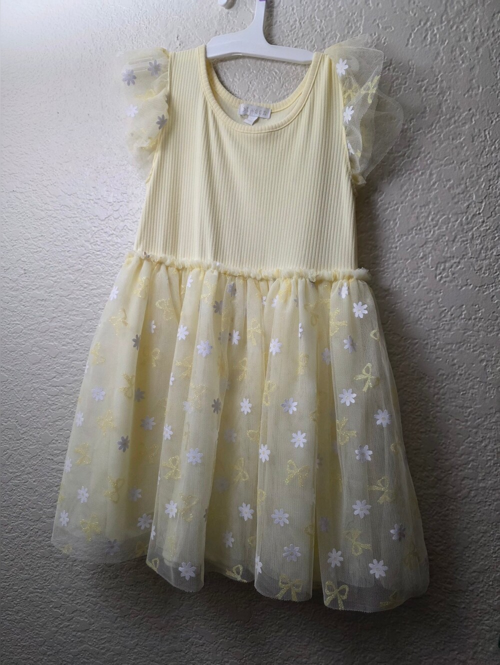btween Soft Yellow Tulle Dress with Floral Appliqués